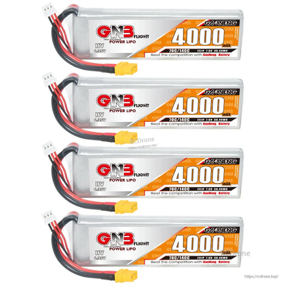 Four-pack arrangement of 4000mAh 2S LiHV batteries with front labels and XT60 connectors