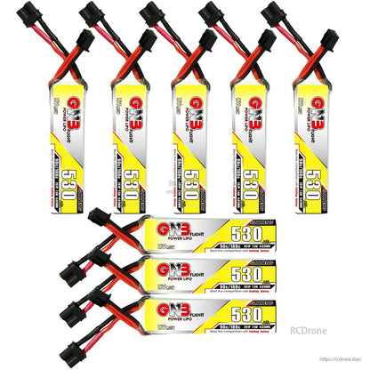 Mixed layout group photo of GNB 530mAh batteries showing both front and side label orientations