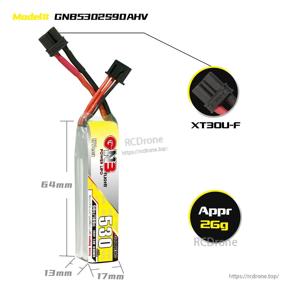 Battery dimensions diagram: GNB5302S90AHV LiHV pack 64mm length, XT30U-F, approx 26g