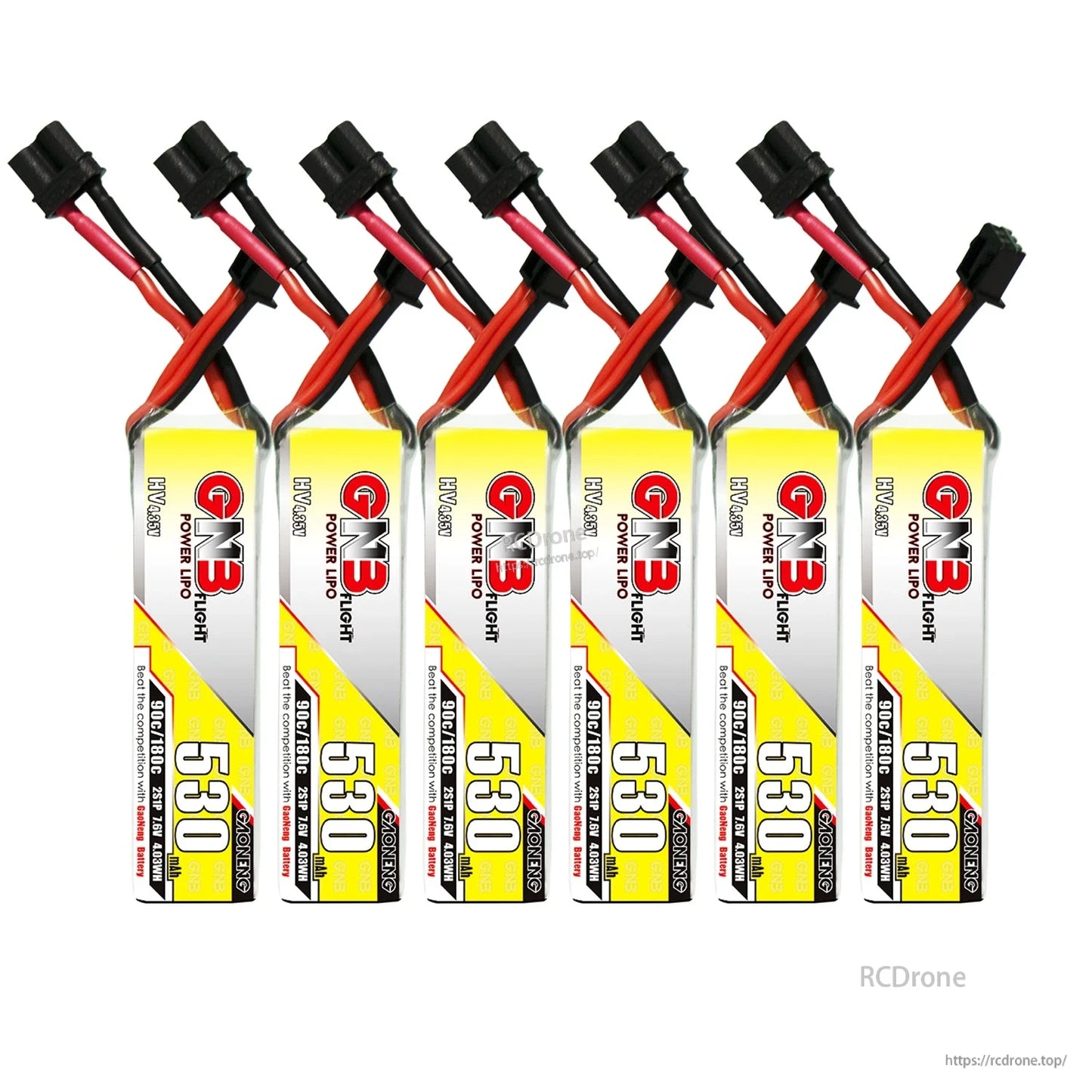 Row of six GNB 530mAh long LiHV batteries lined up, showing connectors and balance plugs