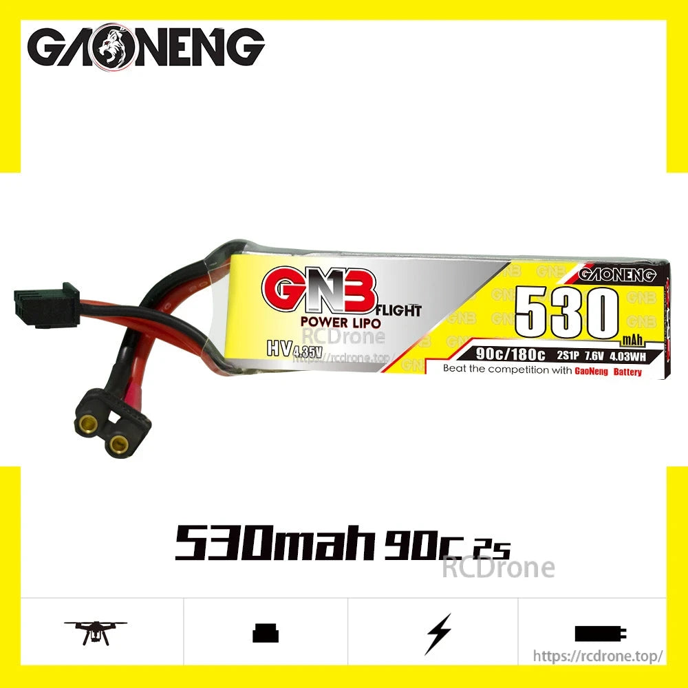 GAONENG GNB 530mAh 90C 2S 7.6V LiHV battery side label with XT30 connector shown