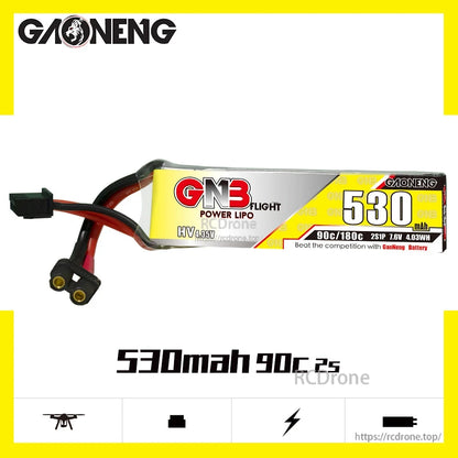 GAONENG GNB 530mAh 90C 2S 7.6V LiHV battery side label with XT30 connector shown