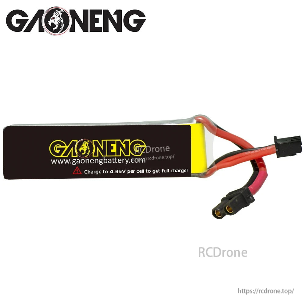 Back label view showing GAONENG website and 4.35V per cell charge warning, XT30 lead attached