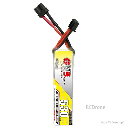 Front label close-up of GNB 530 long LiHV battery with red/black power lead and balance plug