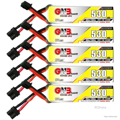 Stacked bundle of five GNB 530mAh LiHV batteries showing side labels and connector leads