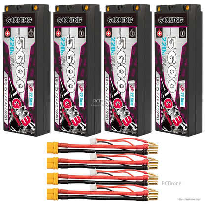 Four GNB 5600 hard case batteries with four XT60 leads and 5.0mm bullet connectors