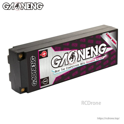 Rear label view of GAONENG hard case battery showing GAONENG branding and warning icons