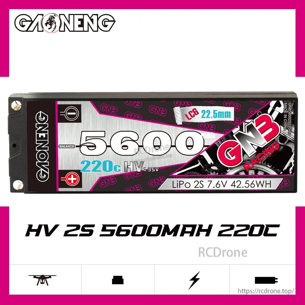 GNB 5600 220C HV 2S 7.6V hard case LiPo battery label graphic showing 42.56Wh and LCG 22.5mm