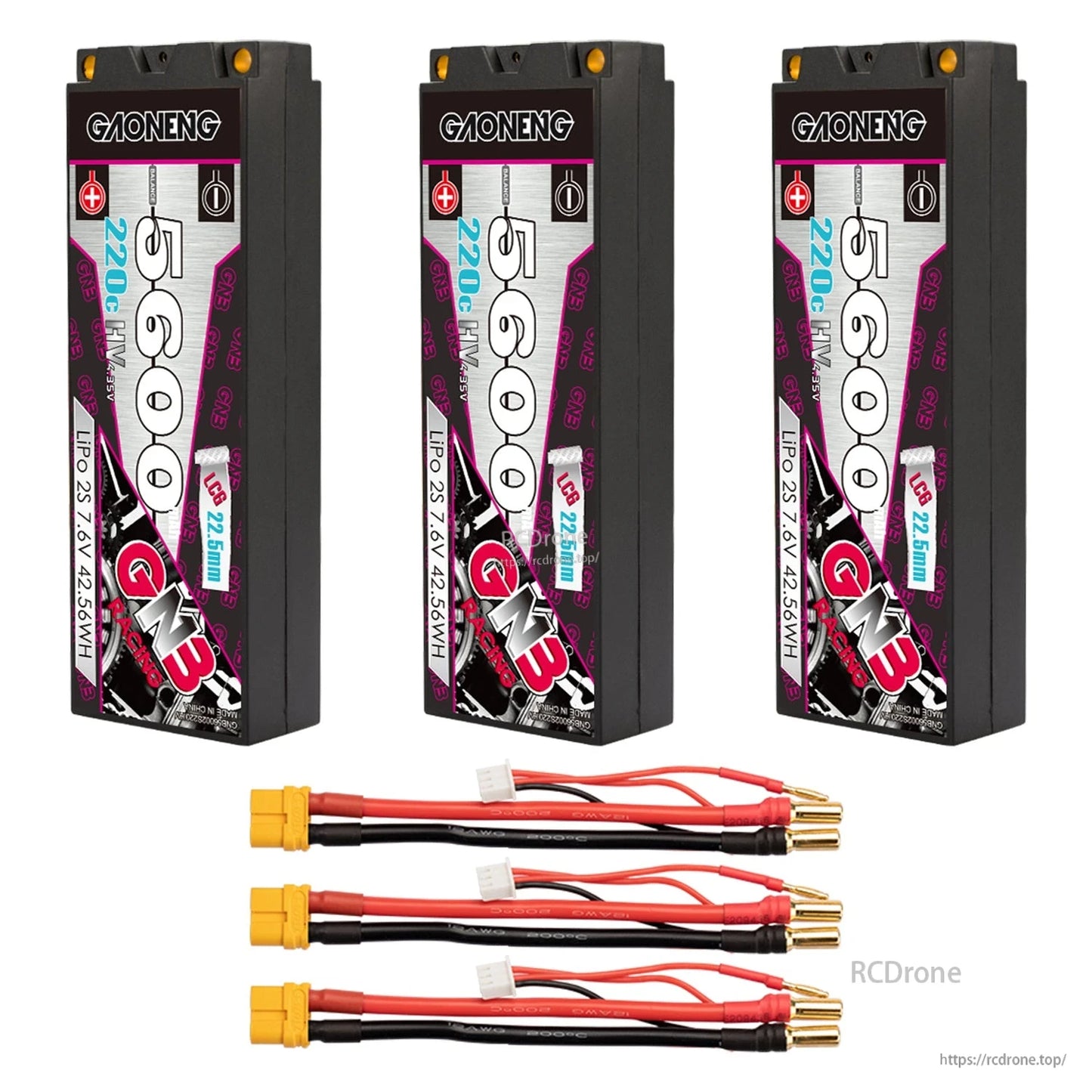 Three GNB 5600 hard case batteries with three XT60 leads and 5.0mm bullet connectors