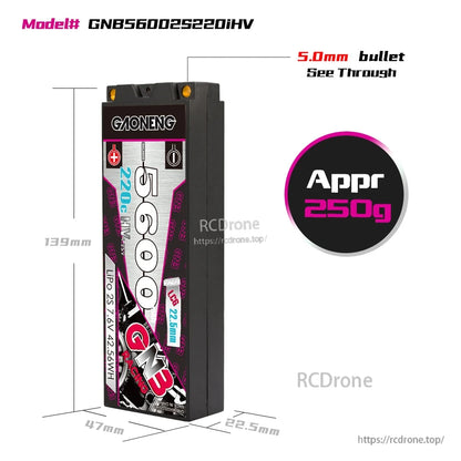 GNB5600 2S 220HV size and weight diagram: 139mm length, approx 250g, 5.0mm bullet connectors