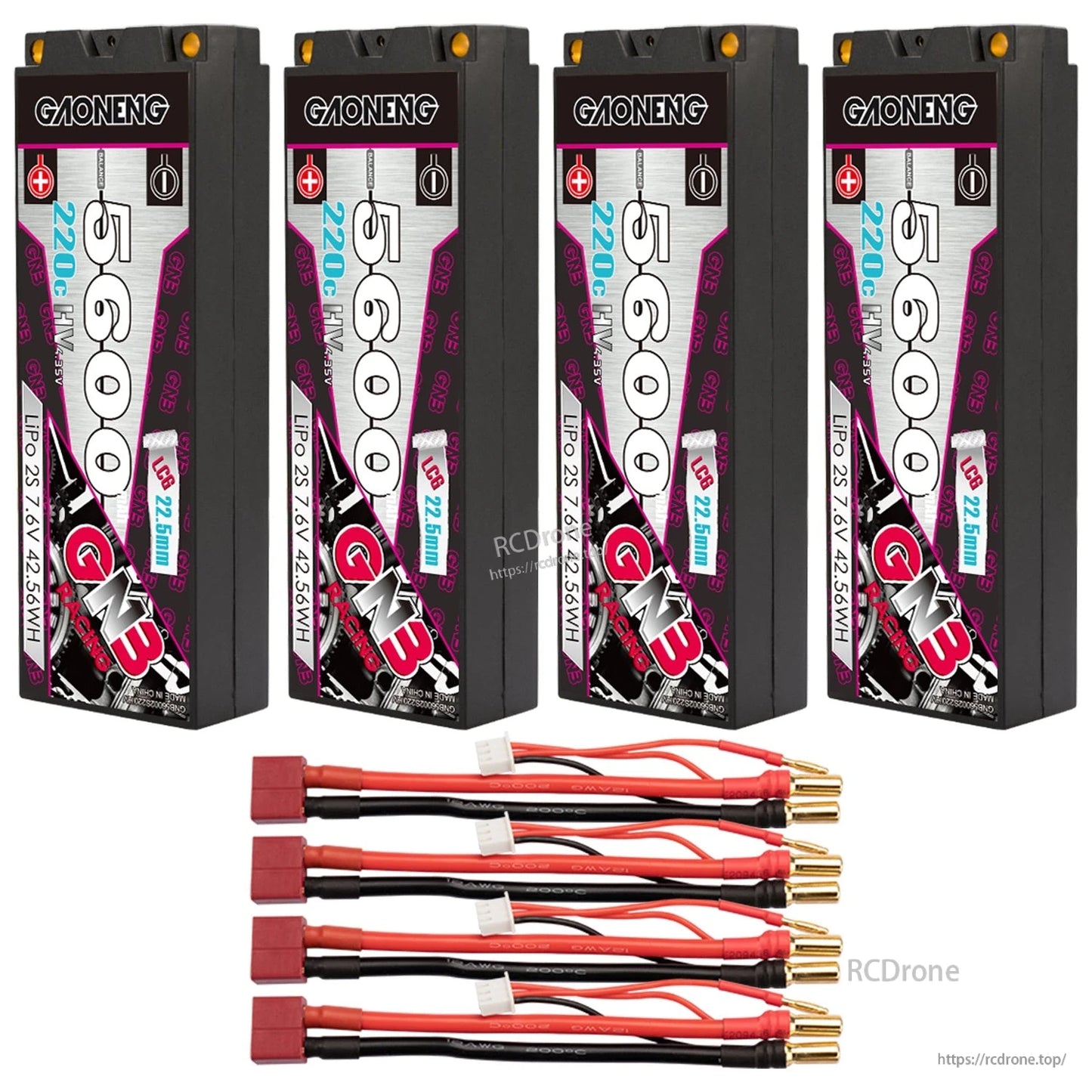 Set of four GNB 5600 hard case batteries with four T-plug adapter leads and balance plugs