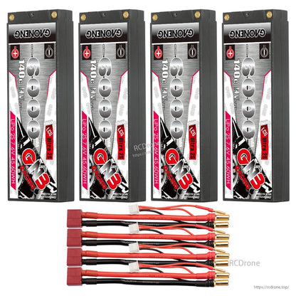 Four GNB 6000mAh hard case packs with four red main plug lead sets, 5mm bullet connectors shown