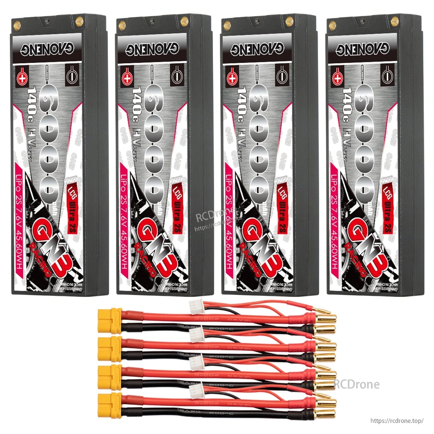 Four GNB 6000mAh hard case packs with four yellow plug lead sets, 5mm bullet connectors shown