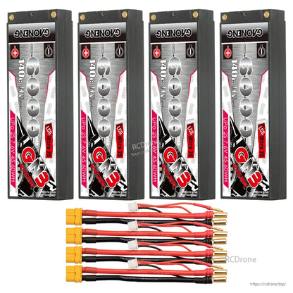 Four GNB 6000mAh hard case packs with four yellow plug lead sets, 5mm bullet connectors shown