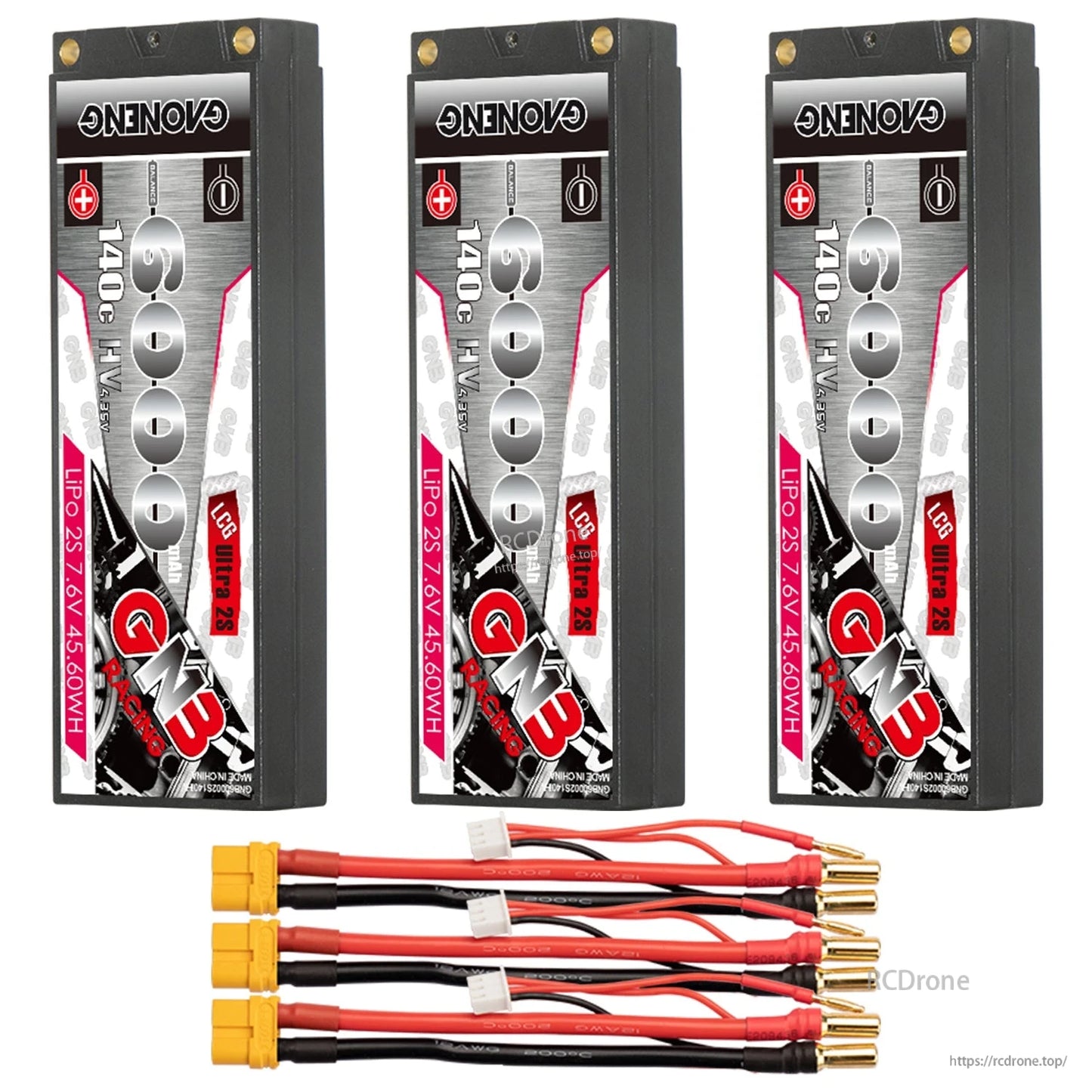 Three GNB 6000mAh hard case packs with three yellow plug lead sets and 5mm bullet connectors
