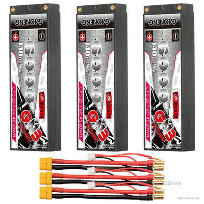 Three GNB 6000mAh hard case packs with three yellow plug lead sets and 5mm bullet connectors