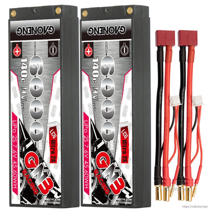 Two GNB 6000mAh hard case packs with two red main plug lead sets and balance connectors