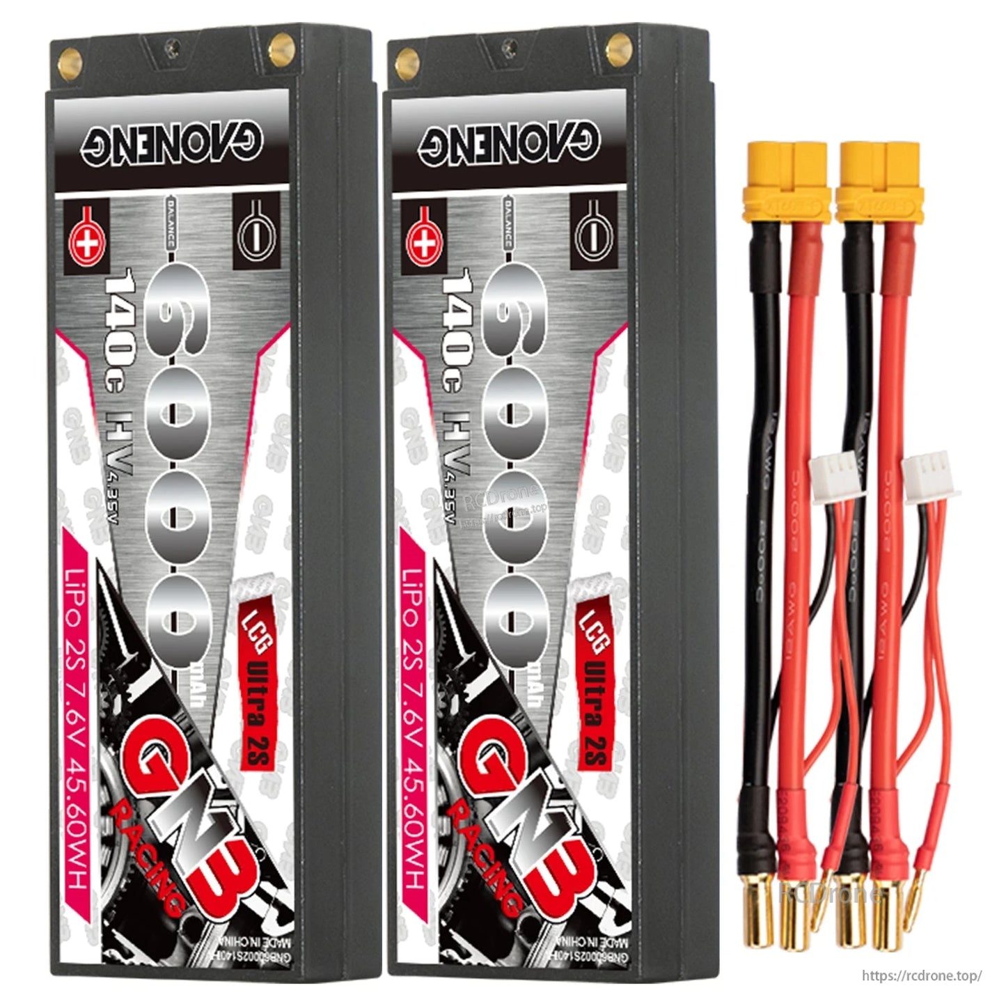 Two hard case GNB 6000mAh packs with two yellow main plugs, 5mm bullet connectors and balance leads