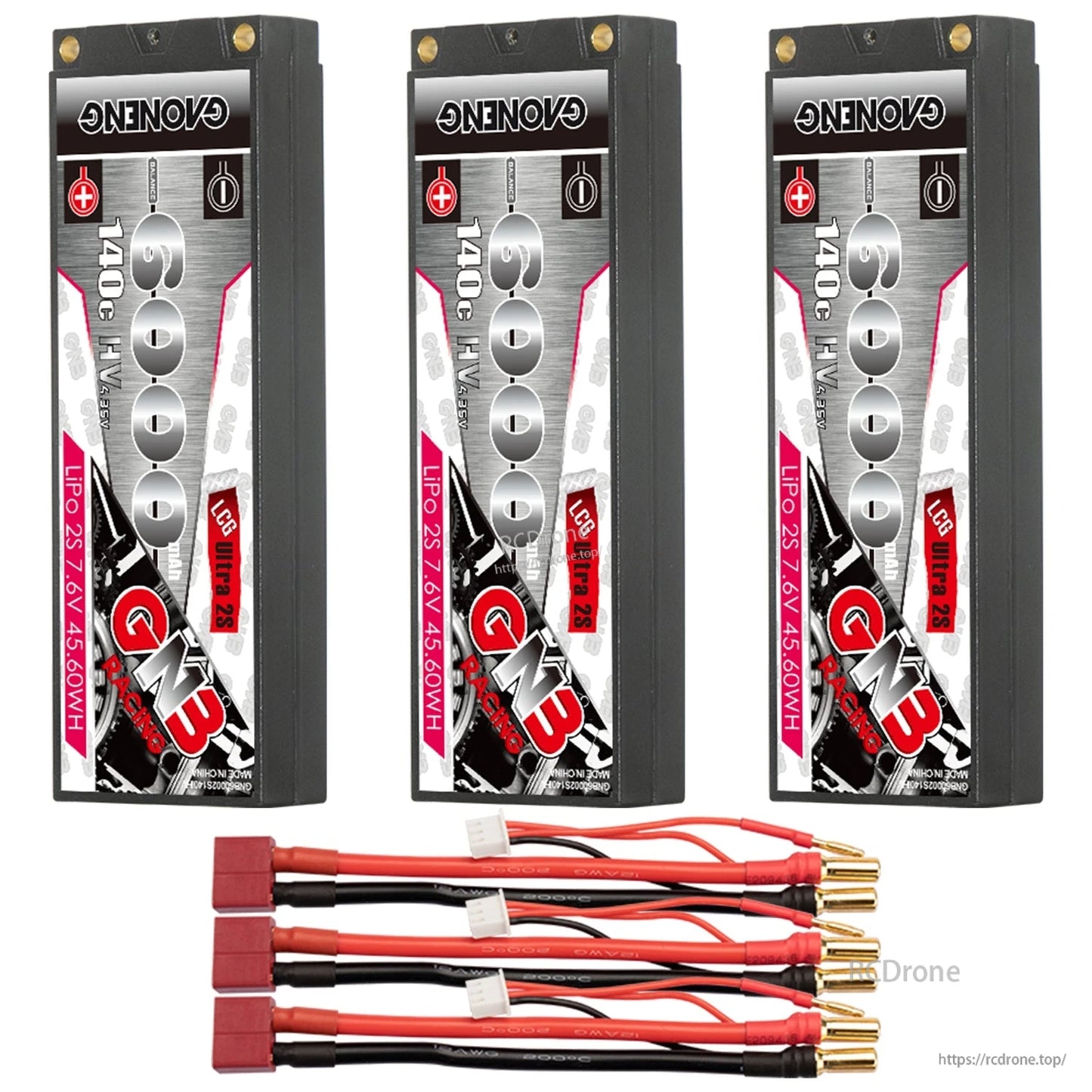 Three GNB 6000mAh hard case packs with three red main plug lead sets and 5mm bullet connectors