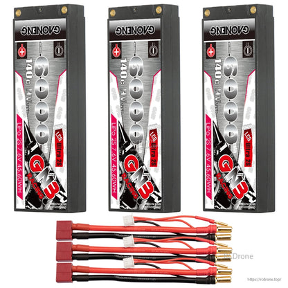 Three GNB 6000mAh hard case packs with three red main plug lead sets and 5mm bullet connectors