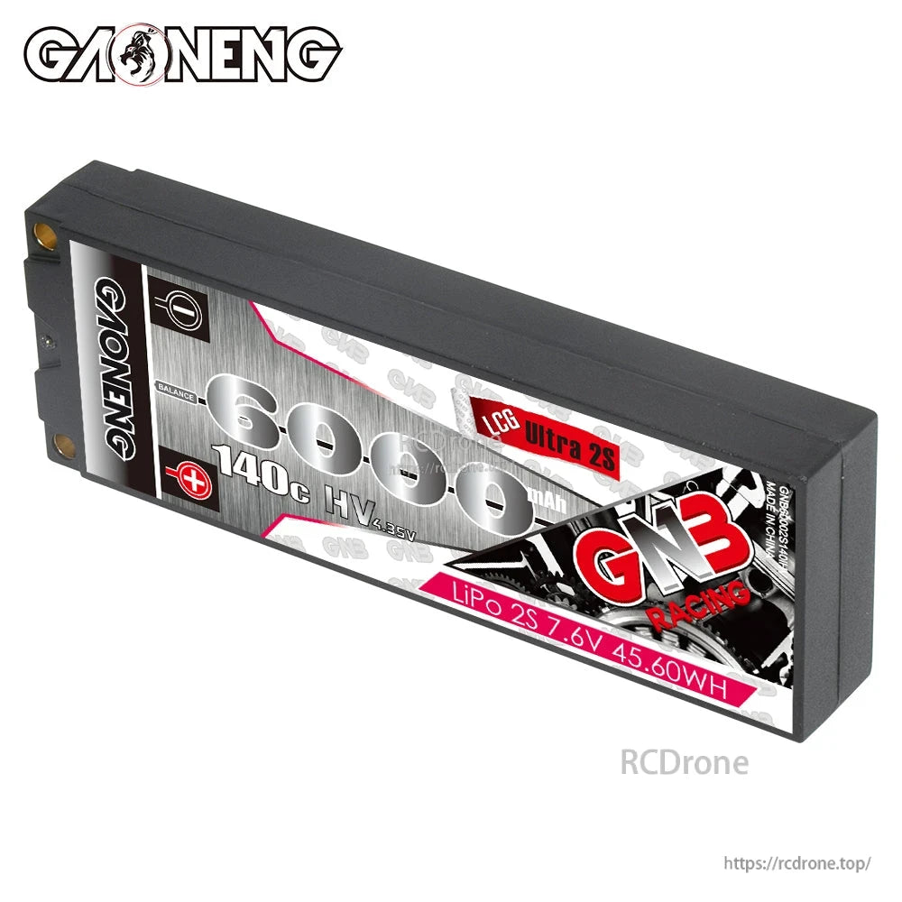 GAONENG GNB 6000mAh 140C LiPo 2S 7.6V hard case battery shown at three-quarter angle