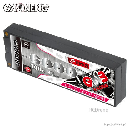 GAONENG GNB 6000mAh 140C LiPo 2S 7.6V hard case battery shown at three-quarter angle