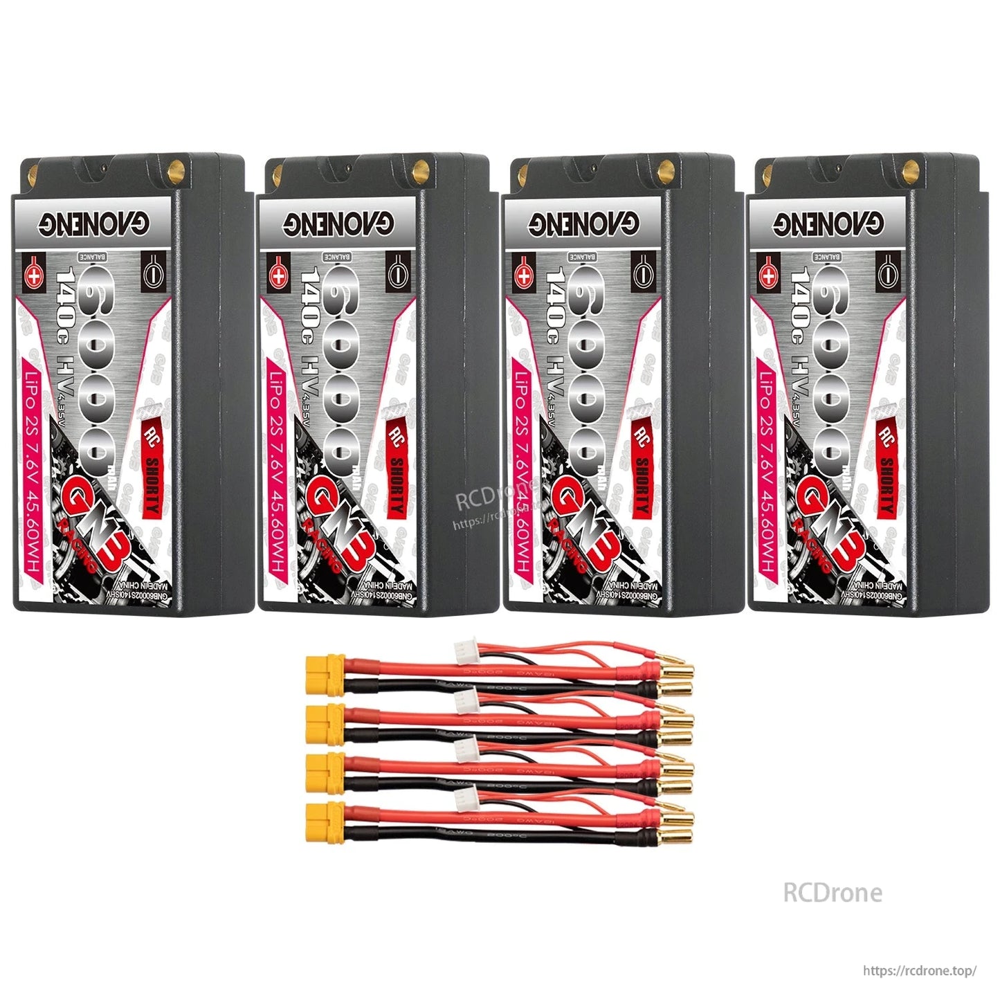 Four-pack bundle with XT60 connector leads and 5.0mm bullet plugs for each battery