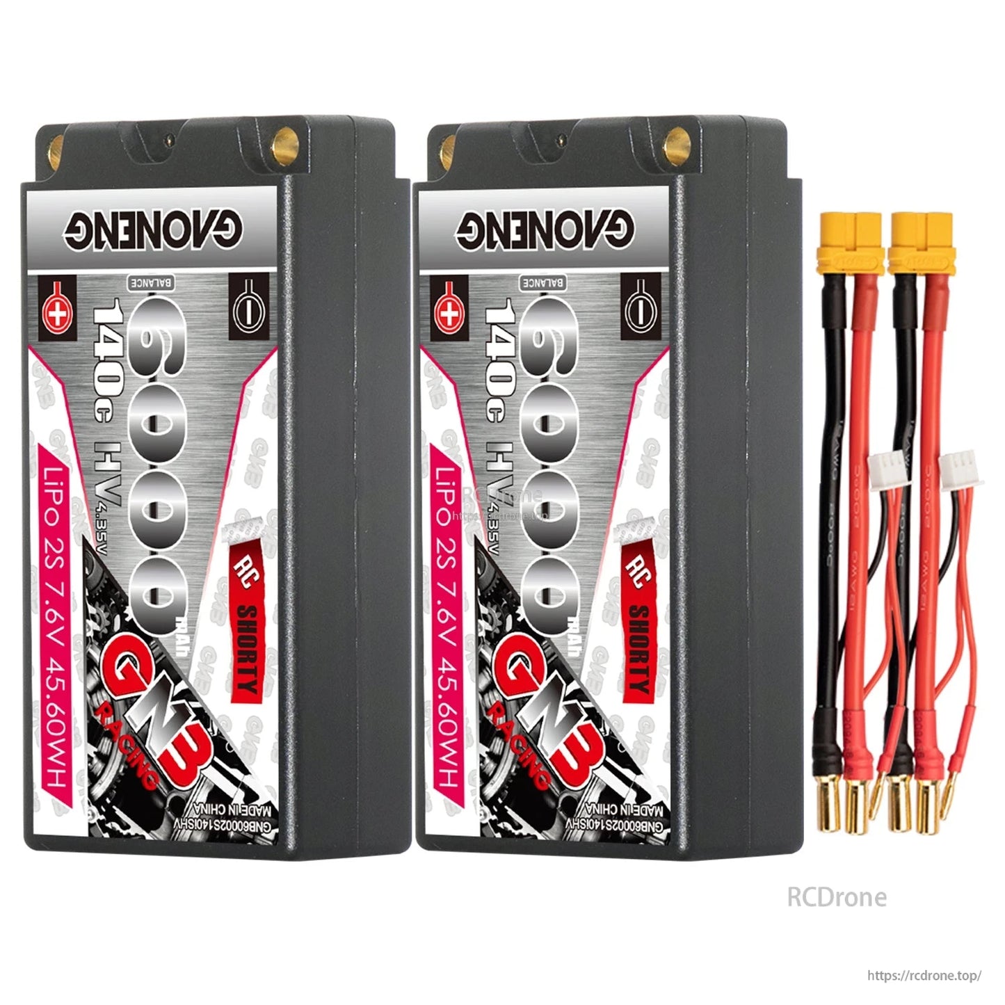 Two-pack bundle: two GAONENG GNB shorty batteries with XT60 leads and 5.0mm bullets
