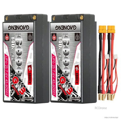 Two-pack bundle: two GAONENG GNB shorty batteries with XT60 leads and 5.0mm bullets