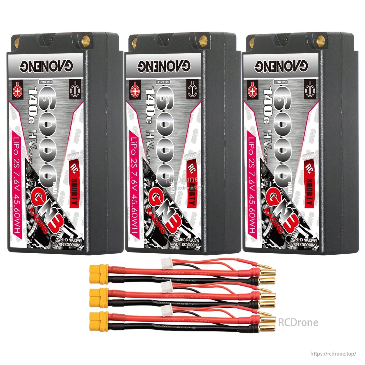 Three-pack bundle with XT60 connector leads and 5.0mm bullet plugs shown in front