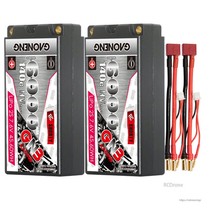 Two-pack bundle: two GAONENG GNB shorty batteries with Deans/T plug leads and bullets