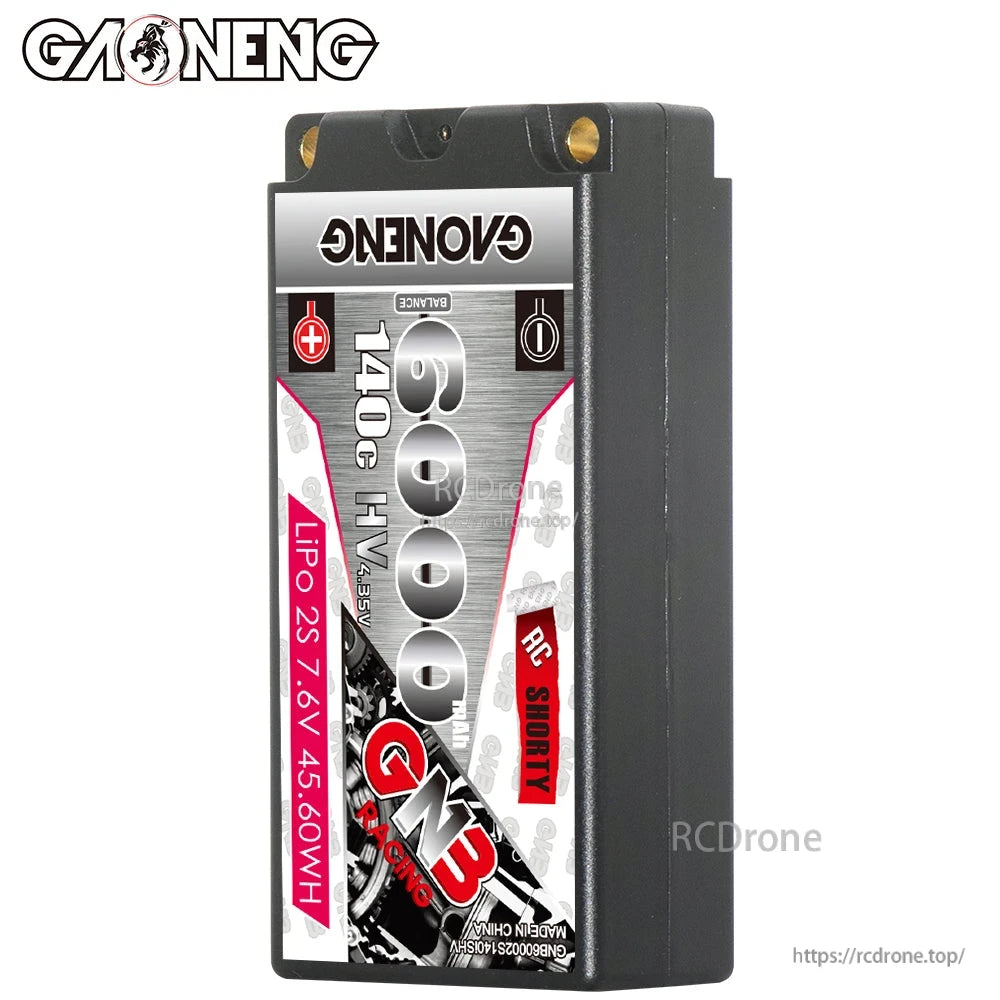 Front view of GAONENG GNB 6000mAh 140C shorty hard case battery standing upright