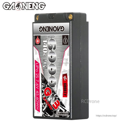 Front view of GAONENG GNB 6000mAh 140C shorty hard case battery standing upright