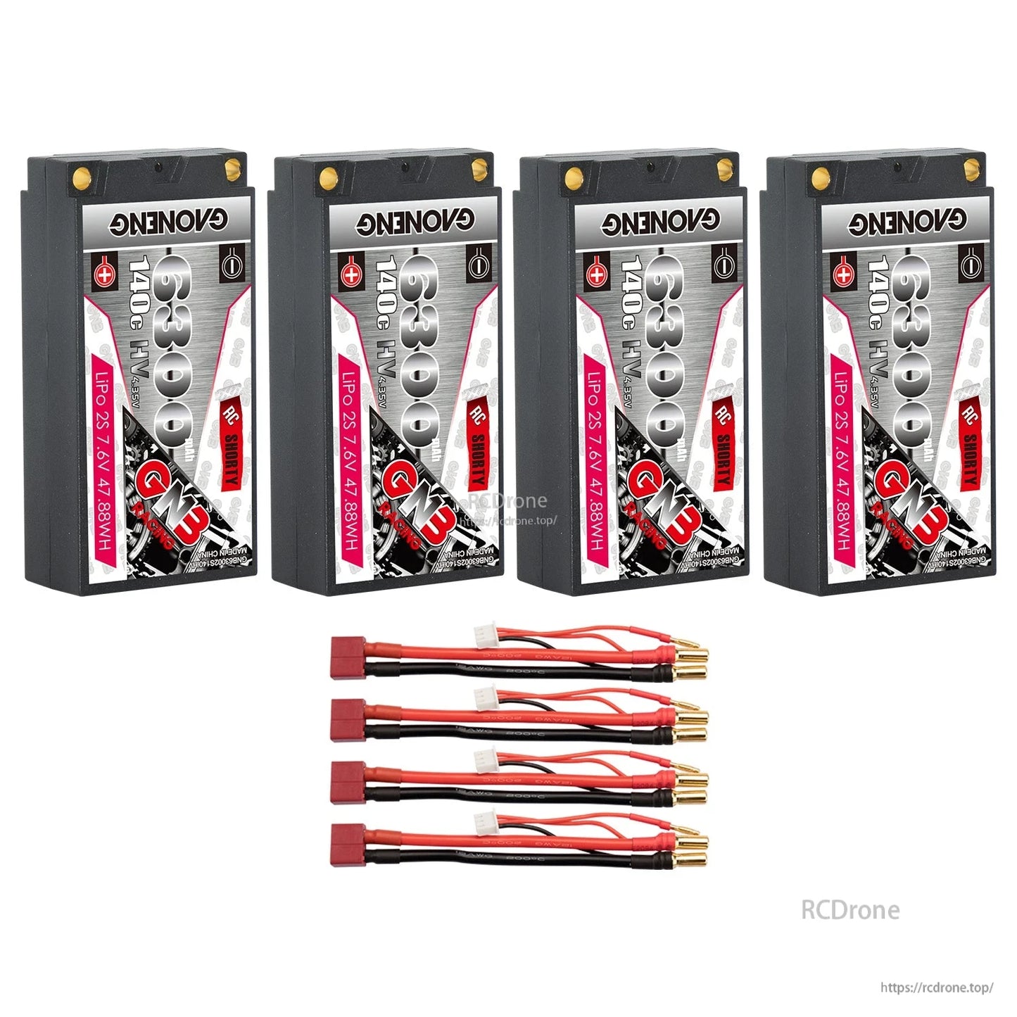 Four GAONENG GNB 6300 shorty batteries with four red connector lead sets displayed below