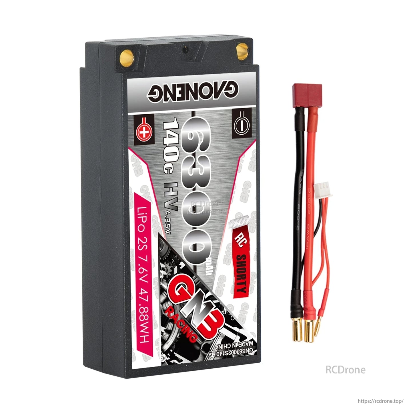 GAONENG GNB 6300 shorty hard case battery with red connector lead and 5mm bullet ends