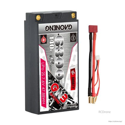 GAONENG GNB 6300 shorty hard case battery with red connector lead and 5mm bullet ends
