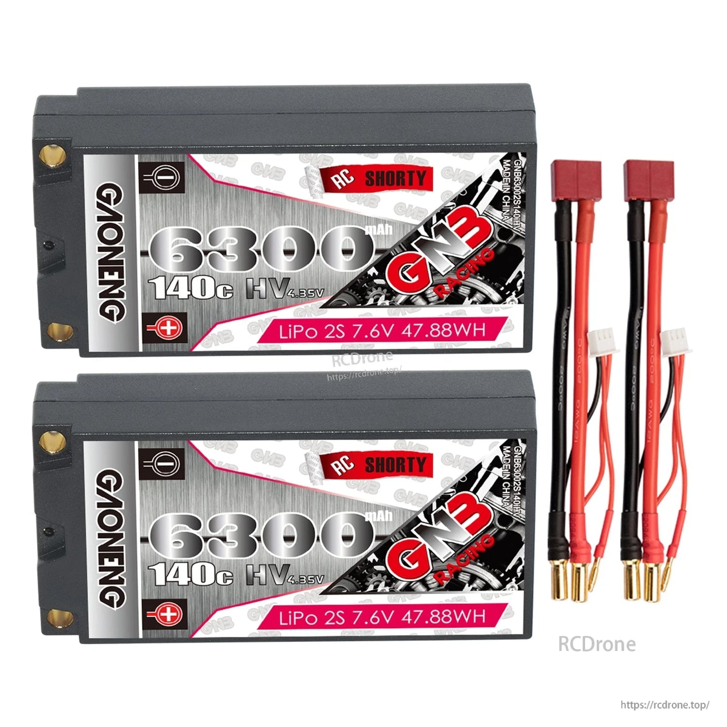 Two GAONENG GNB 6300 shorty batteries with two red connector leads and 5mm bullet ends