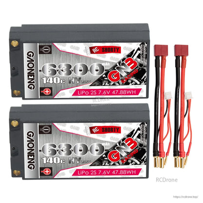 Two GAONENG GNB 6300 shorty batteries with two red connector leads and 5mm bullet ends