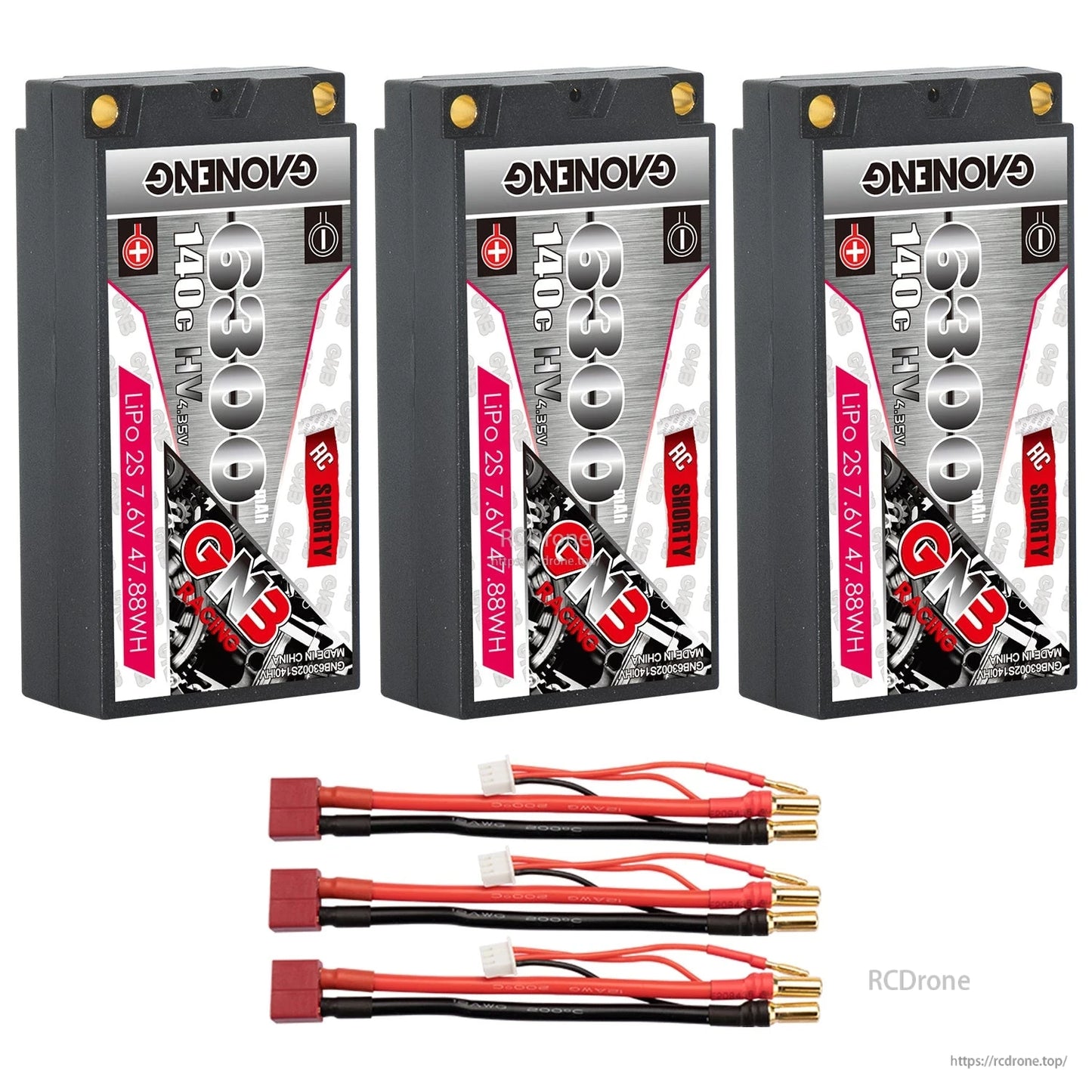 Three GAONENG GNB 6300 shorty batteries with three red connector lead sets displayed below