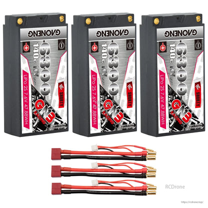 Three GAONENG GNB 6300 shorty batteries with three red connector lead sets displayed below
