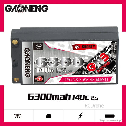 GAONENG GNB 6300mAh 140C 2S shorty battery graphic on white background with “6300mah 140c 2s” text