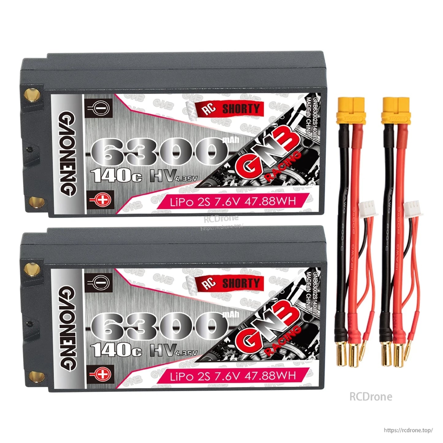 Two GAONENG GNB 6300mAh 140C LiHV 2S shorty hard case batteries with matching yellow connector leads