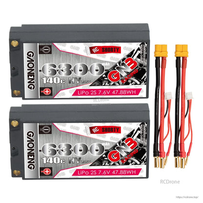 Two GAONENG GNB 6300mAh 140C LiHV 2S shorty hard case batteries with matching yellow connector leads