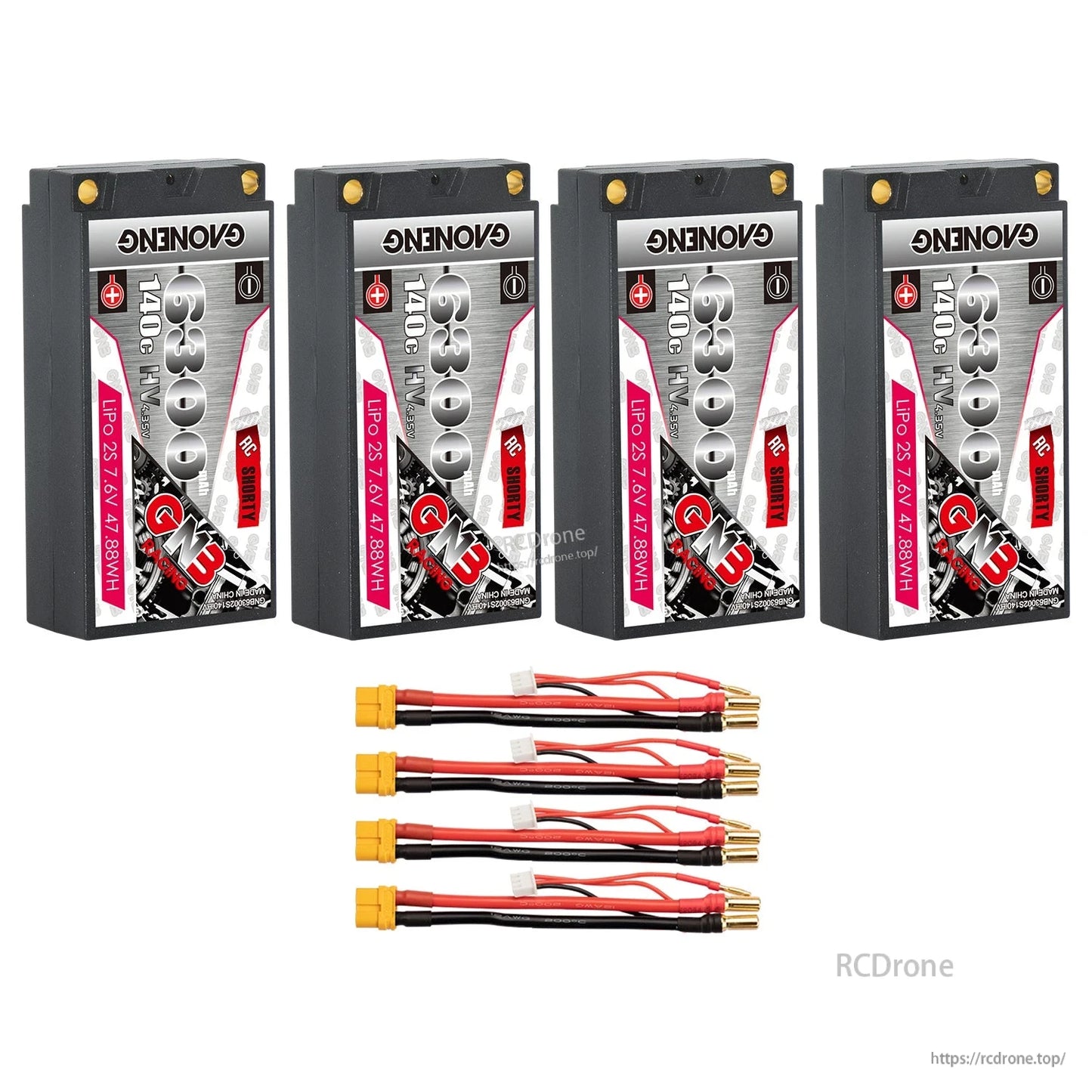 Four GAONENG GNB 6300mAh shorty batteries with four yellow connector lead sets displayed below
