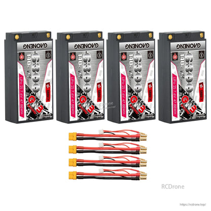 Four GAONENG GNB 6300mAh shorty batteries with four yellow connector lead sets displayed below