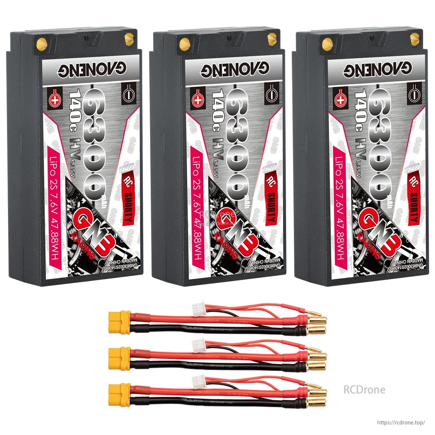Three GAONENG GNB 6300mAh shorty batteries with three yellow connector lead sets shown below