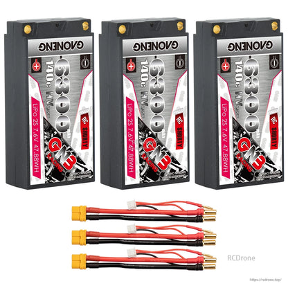 Three GAONENG GNB 6300mAh shorty batteries with three yellow connector lead sets shown below