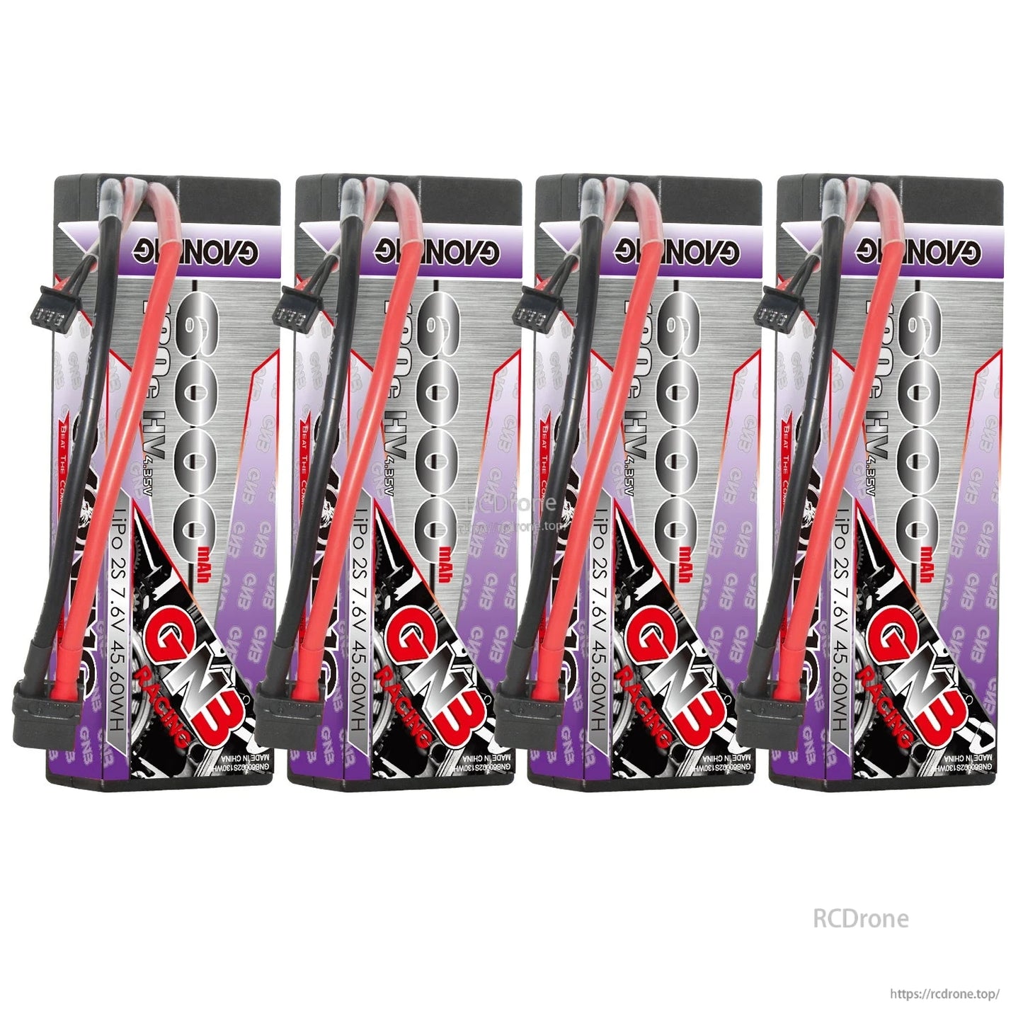 Four GNB hard case LiHV 2S 6500mAh batteries shown together with XT60 connectors