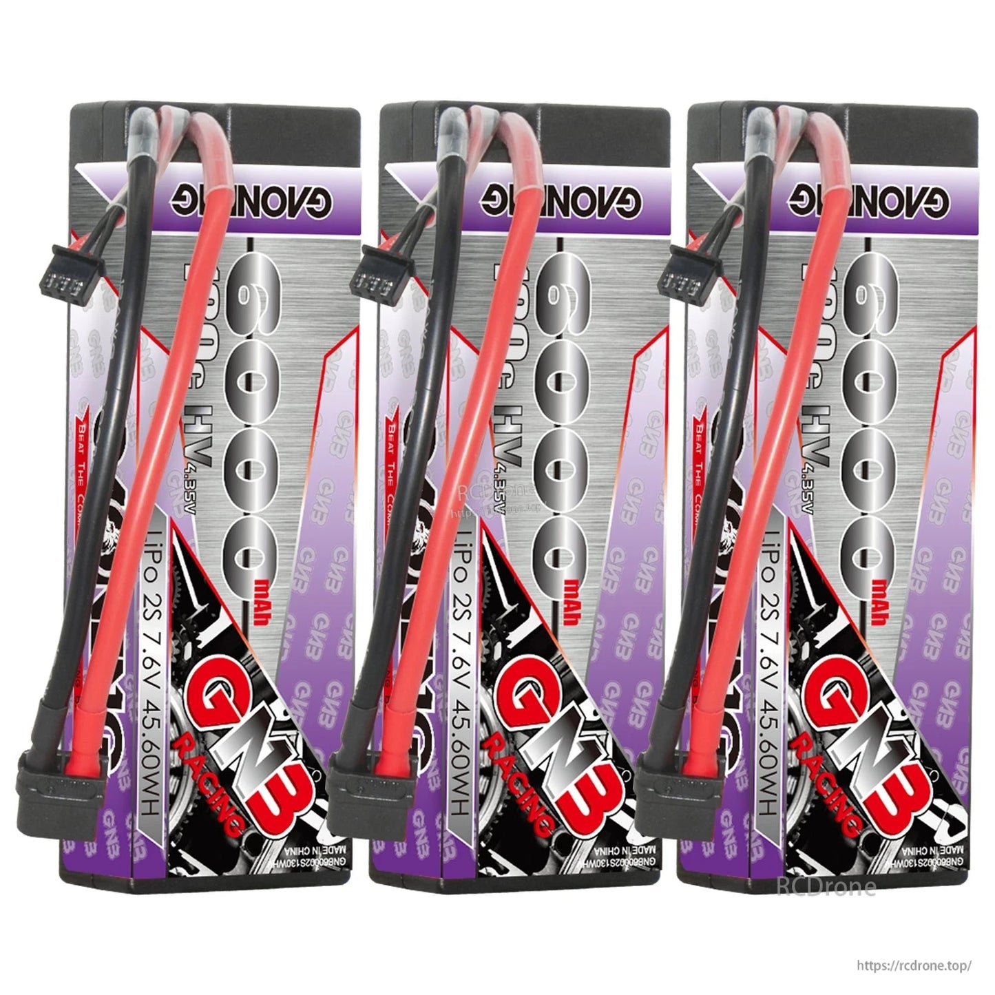 Three GNB hard case LiHV 2S 6500mAh batteries shown together with XT60 leads