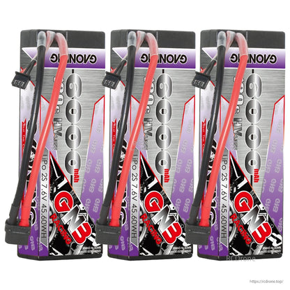 Three GNB hard case LiHV 2S 6500mAh batteries shown together with XT60 leads
